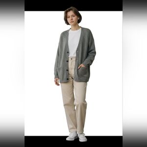 Ellen Tracy Gray Cardigan Grandpa Sweater Pockets Nubby Wool Blend Large Preppy